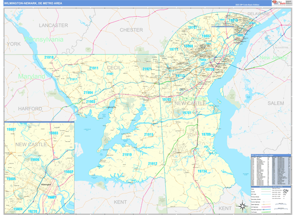 Wilmington-Newark Metro Area Zip Code Wall Map